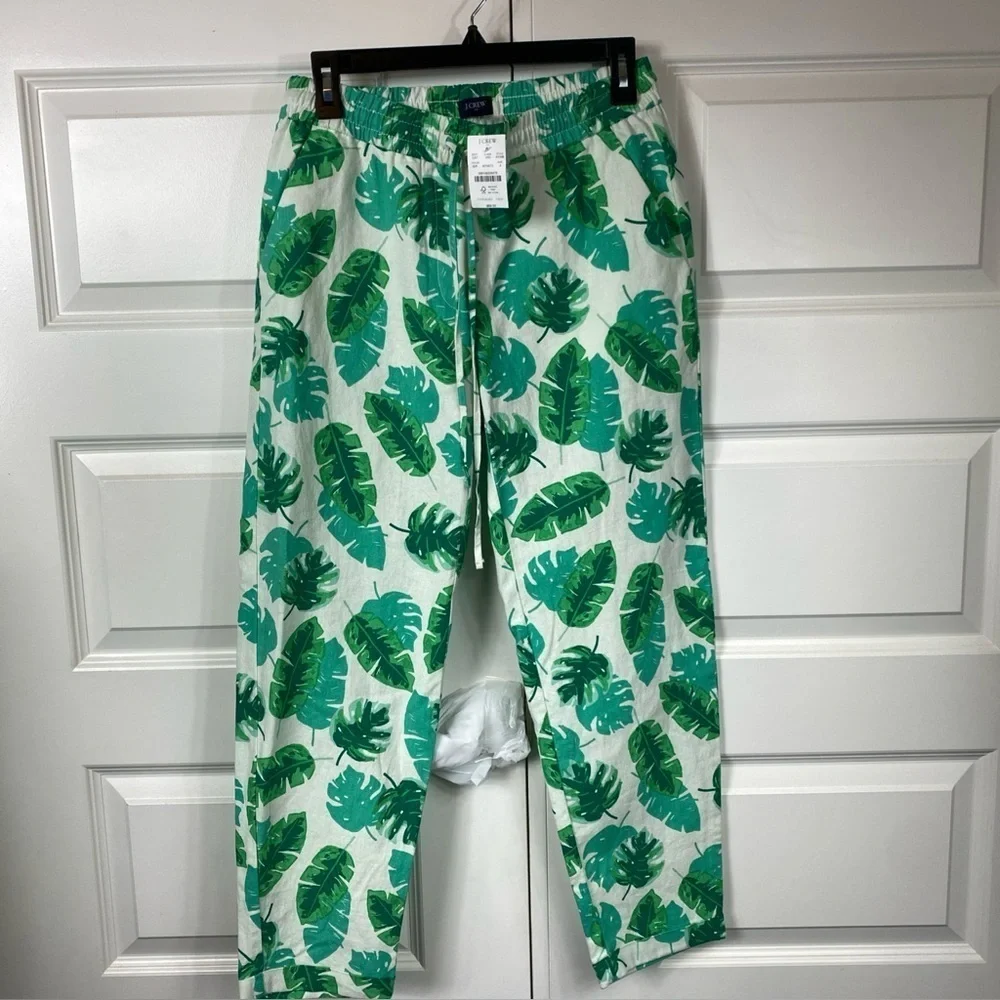 Linen J Crew  Blend Pants Floral Leaf Tropical 4 Green White JCrew J. Crew J.Cre